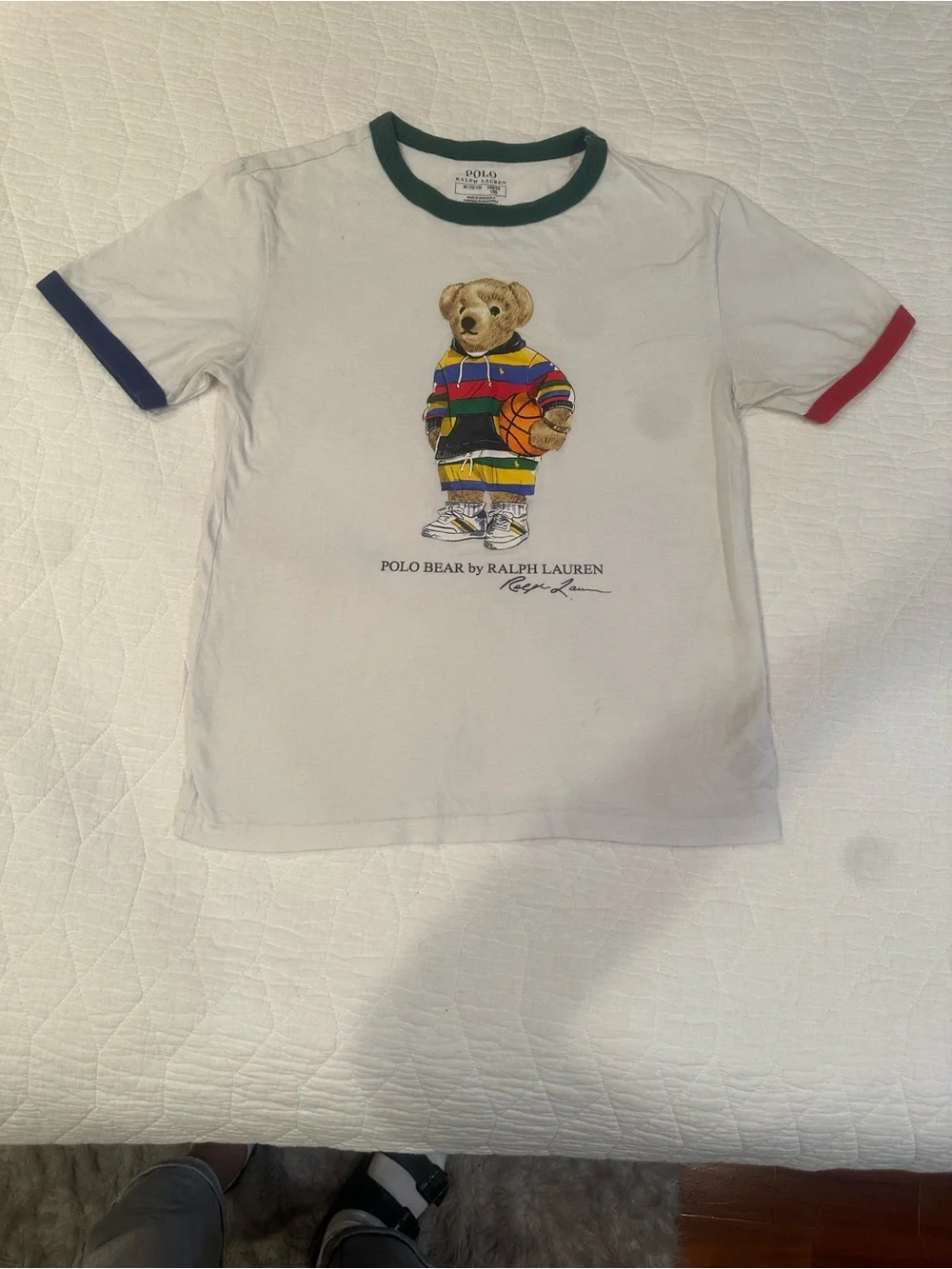 Ralph Lauren White Kids Polo Bear Tee with Green, Blue & Red Trim